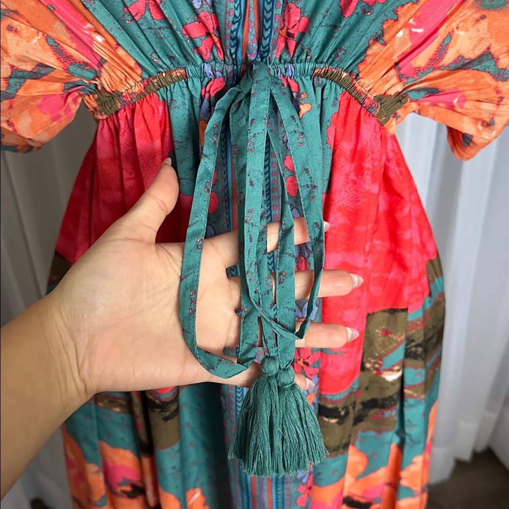 Boho Kimono Style Sleeves Floral Multicolor Long Dress - Picture 6 of 9